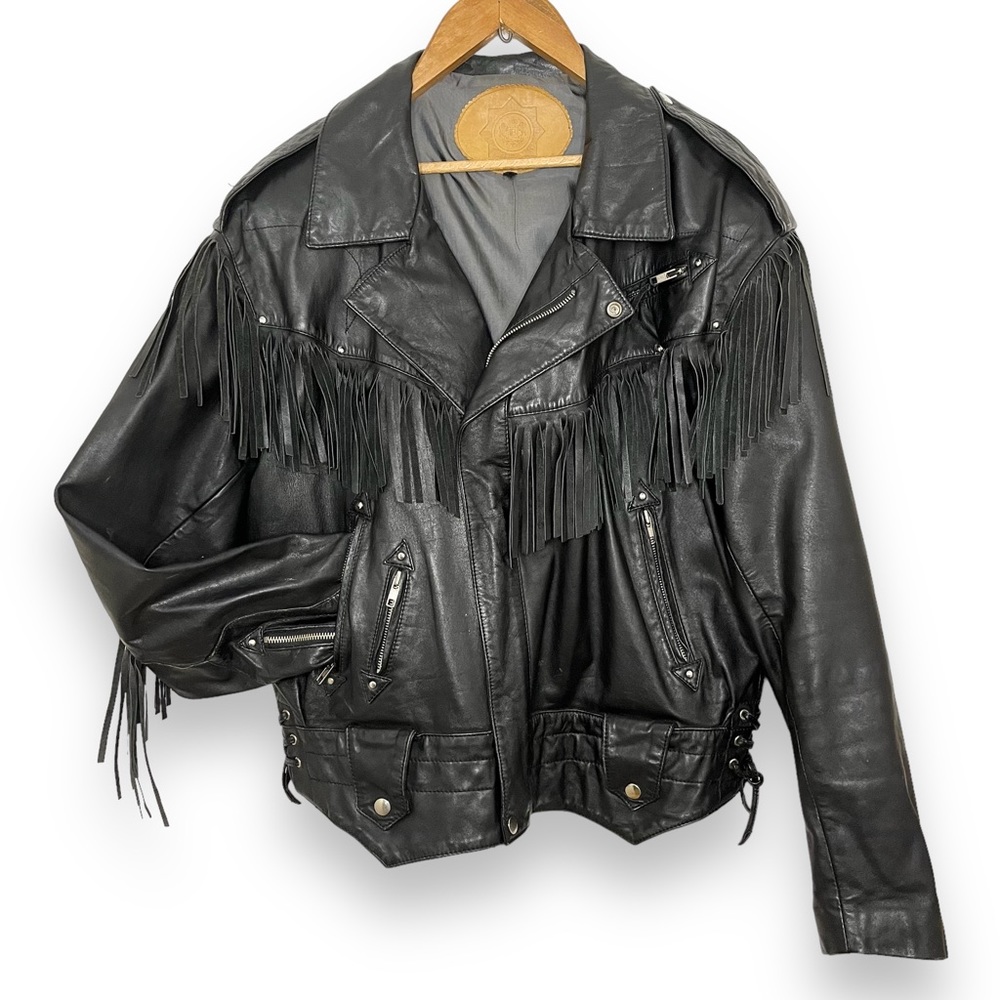 Black Vintage Fringe Leather Jacket
